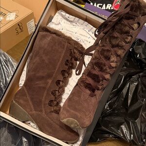 London Fog Brown Suede Faux-Fur Lace-Up Mid-Calf Boots
